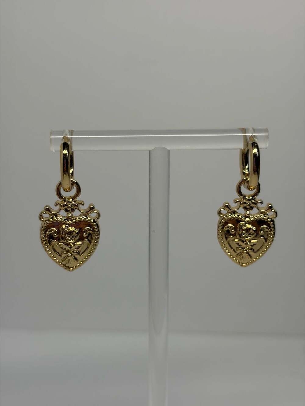 Gold-Plated Filigree Heart Dangle Hoop Earrings